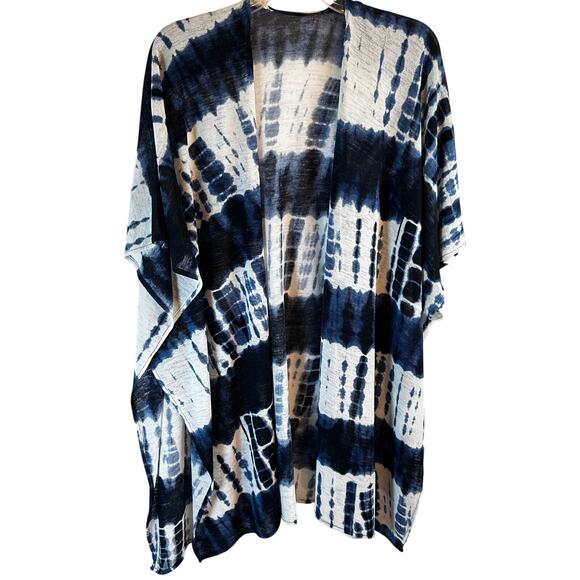 Indigo Tie-Dye Kimono Cardigan One Size Short Sleeve • Flowy Boho Layering - Picture 2 of 5
